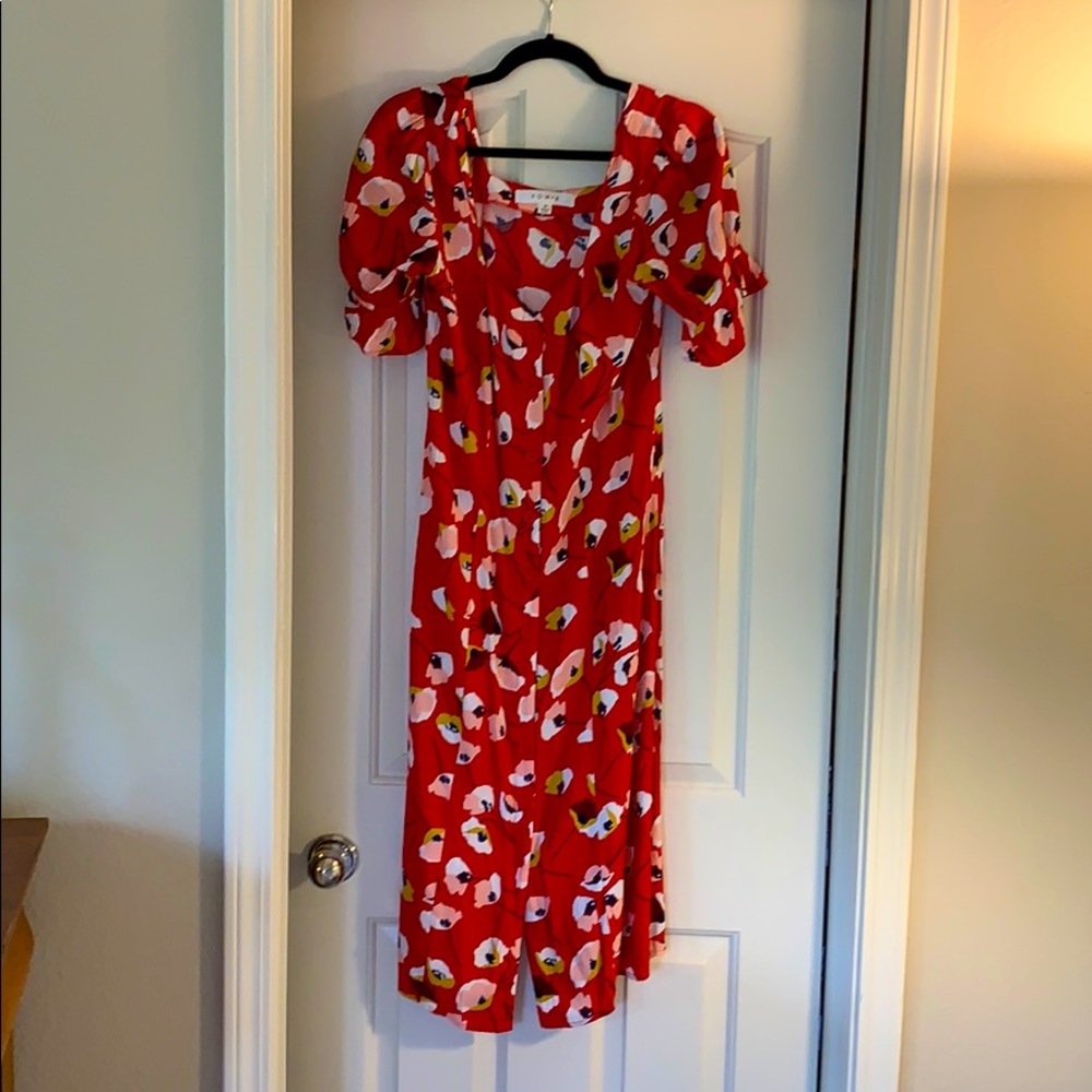 Rowa red floral midi dress with front buttons